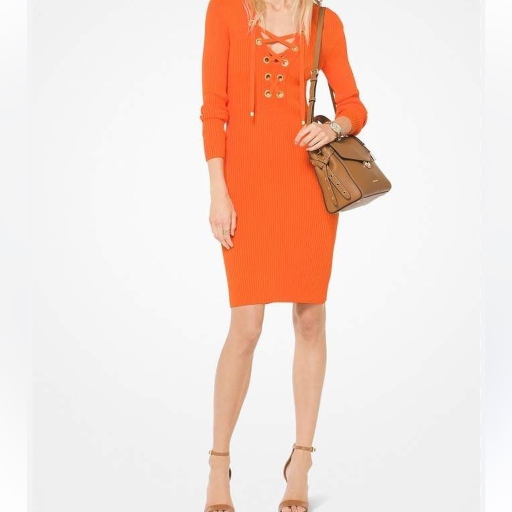 Michael Kors Lace Up Ribbed Dress. Orange BodyCon XS Festive Fall Designer